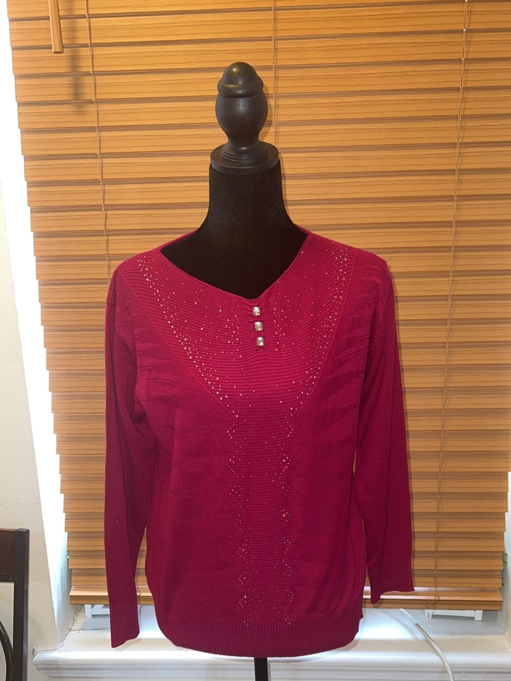 Women's Fuchsia Long-Sleeve Knit Top with Stud Detail